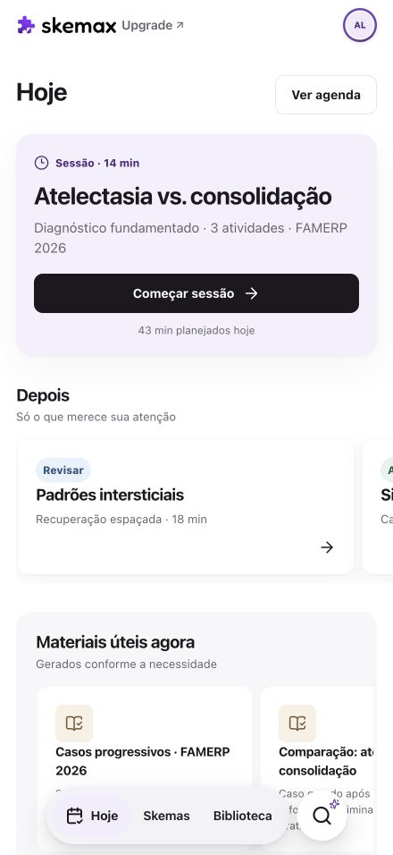 Tela mobile Hoje da Skemax com uma sessão recomendada
